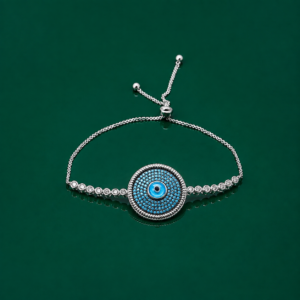 92.5 Sterling Silver Evil Eye Bracelet with Tiny Turquoise Stones for Girls and Women