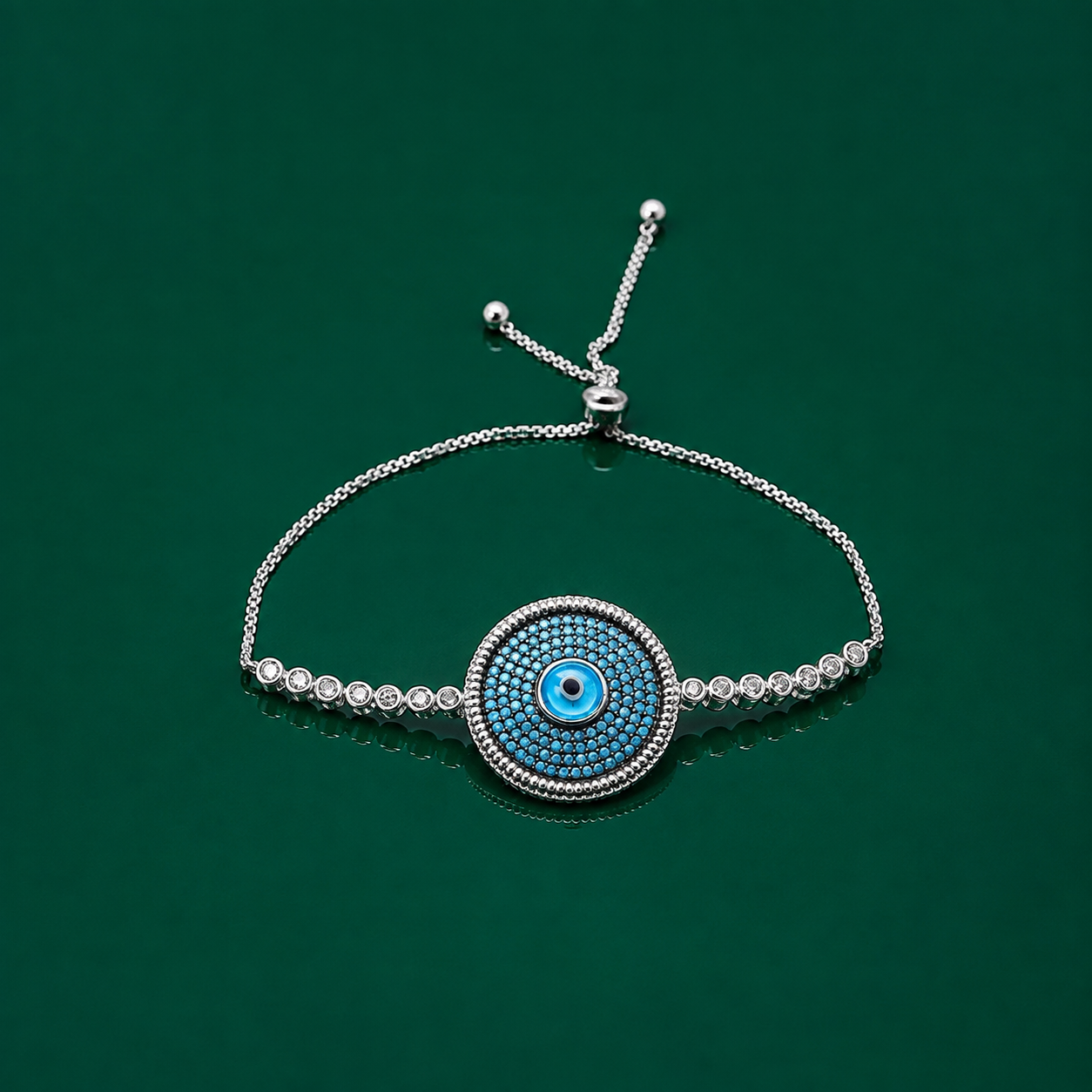 92.5 Sterling Silver Evil Eye Bracelet with Tiny Turquoise Stones for Girls and Women