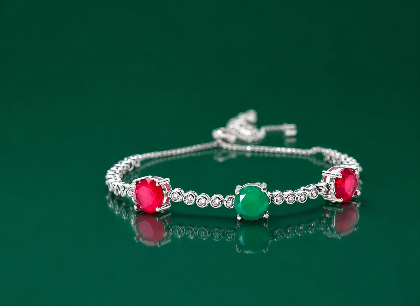 92.5 Sterling Silver Semi-Precious Ruby & Emerald with Zircon Stones Adjustable Bracelet for Girls and Women - Image 4
