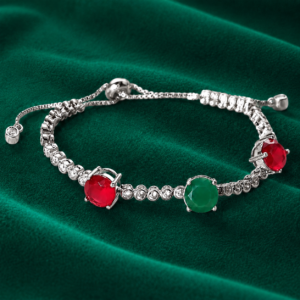 92.5 Sterling Silver Semi-Precious Ruby & Emerald with Zircon Stones Adjustable Bracelet for Girls and Women