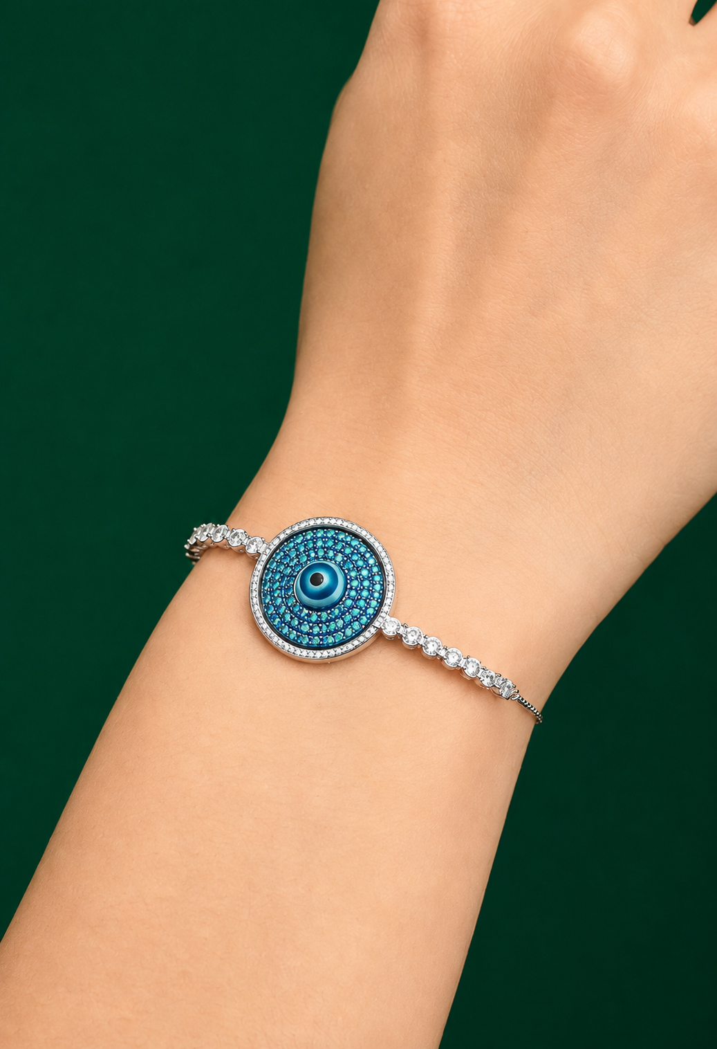 92.5 Sterling Silver Evil Eye Bracelet with Tiny Turquoise Stones for Girls and Women - Image 2
