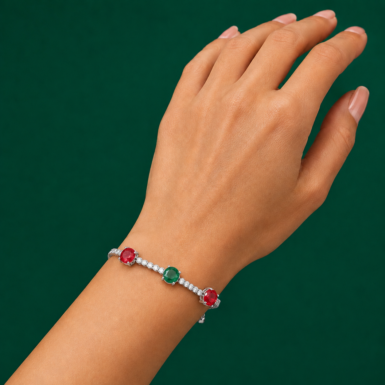 92.5 Sterling Silver Semi-Precious Ruby & Emerald with Zircon Stones Adjustable Bracelet for Girls and Women - Image 2